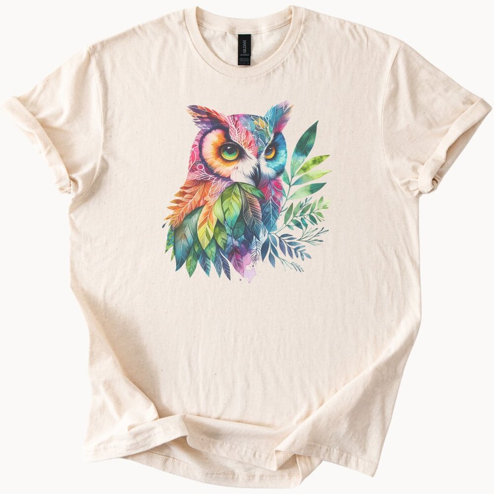 Rainbow Owl Graphic Tee with Colorful Leaves and Nature Inspired Art